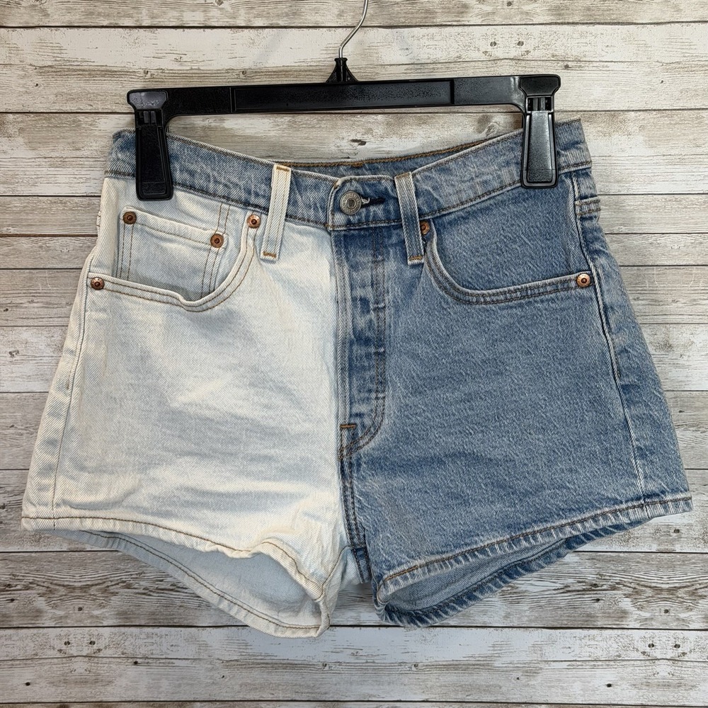 Levi's 501 Womens 27 Shorts Two Tone Blue Denim High Rise Button Fly Festival